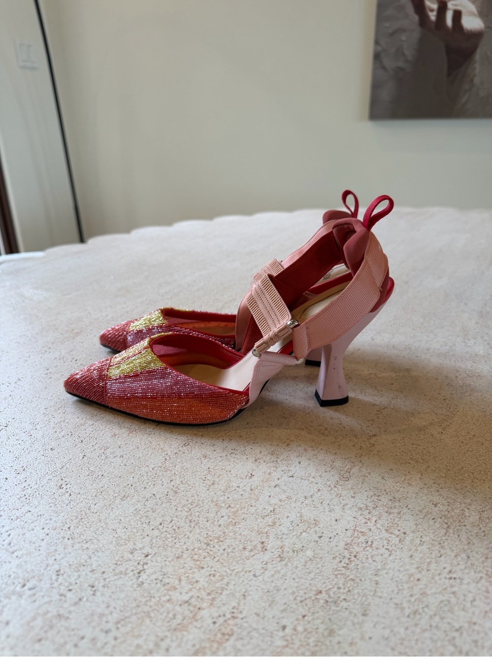 Fendi Pink, Red & Gold Beaded Pointed-Toe Slingbacks - Picture 6 of 12